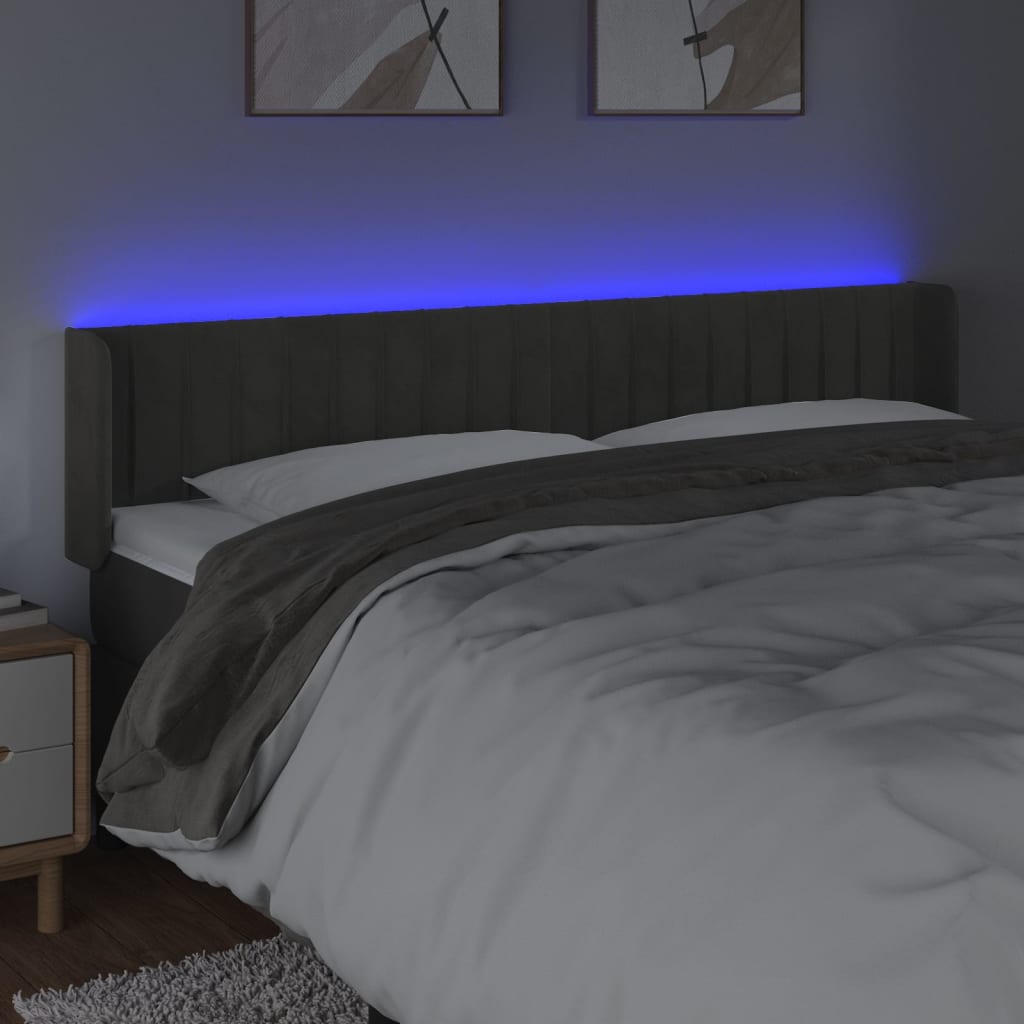 vidaXL LED горна табла за легло, тъмносива, 183x16x78/88 см, кадифе