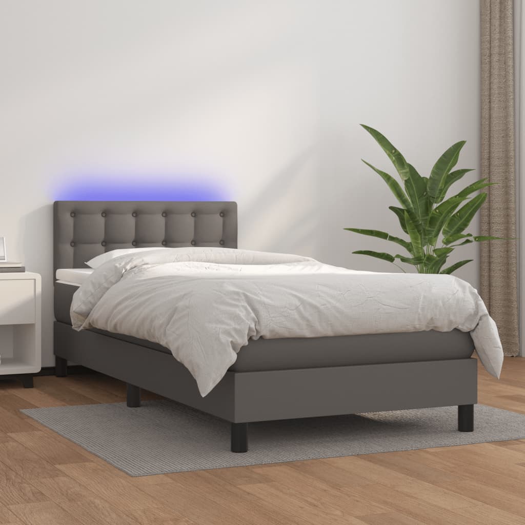 vidaXL Боксспринг легло с матрак и LED сиво 80x200 см изкуствена кожа