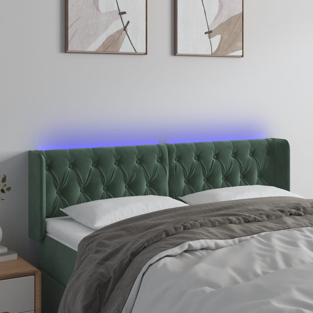 vidaXL LED горна табла за легло, тъмнозелена, 147x16x78/88 см, кадифе