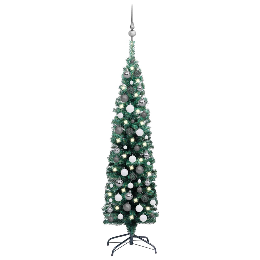 vidaXL Тънка изкуствена осветена коледна елха с топки, зелена, 120 см