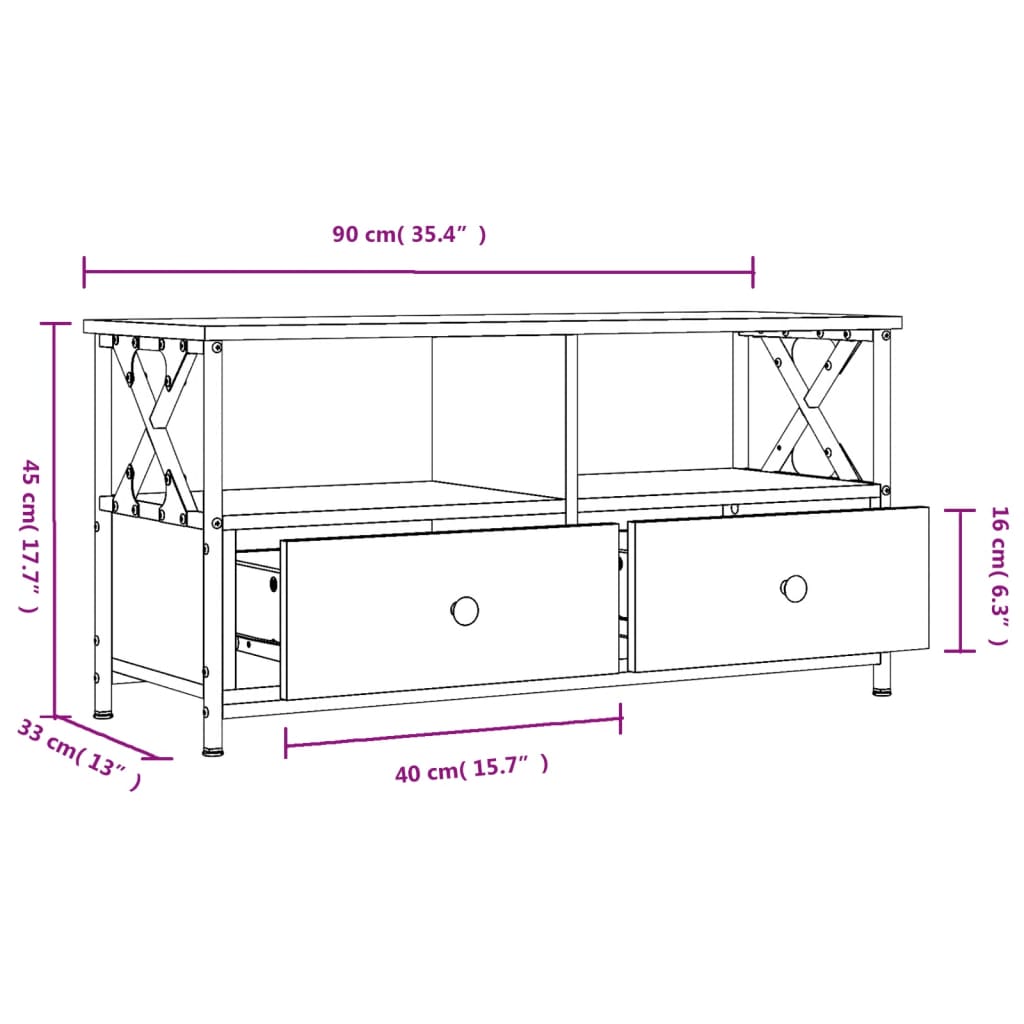vidaXL ТB шкаф, опушен дъб, 90x33x45 см, инженерно дърво и желязо