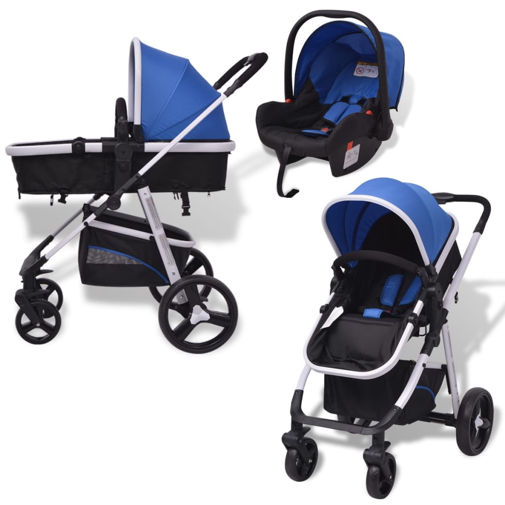 vidaXL Бебешка количка 3-в-1, алуминиева, синьо и черно