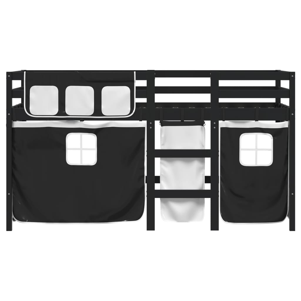 vidaXL Детско високо легло със завеси бяло и черно 90x190 см бор масив