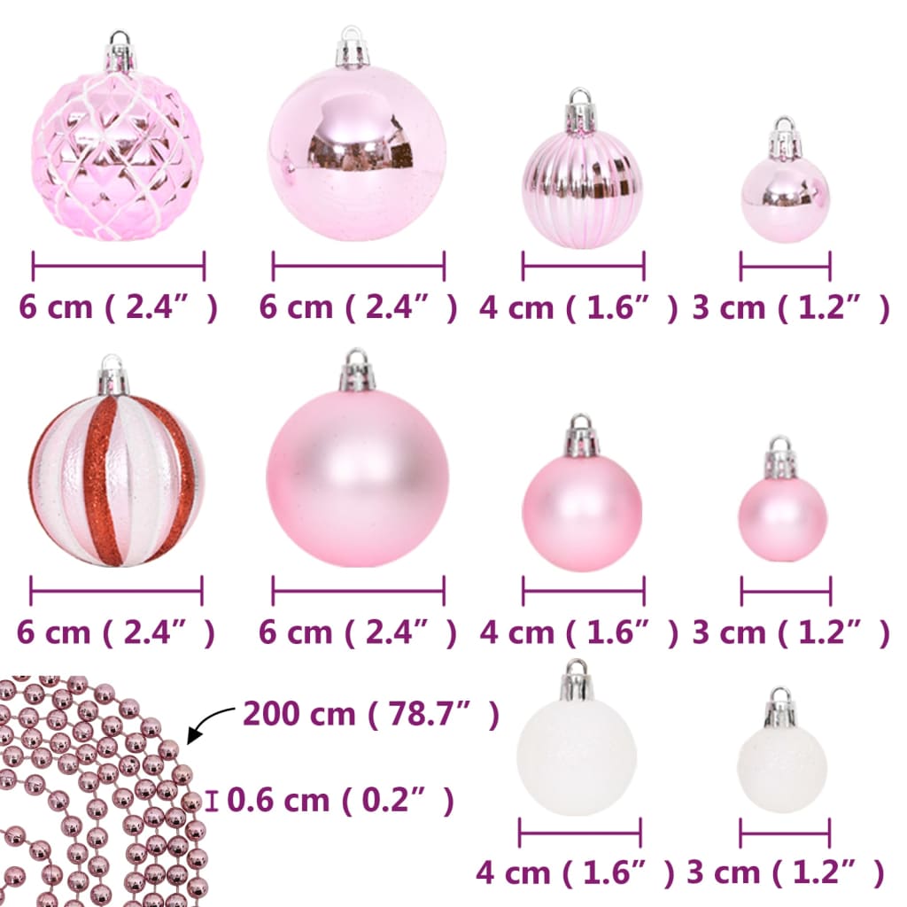 vidaXL Комплект коледни топки от 65 части розово/червено/бяло