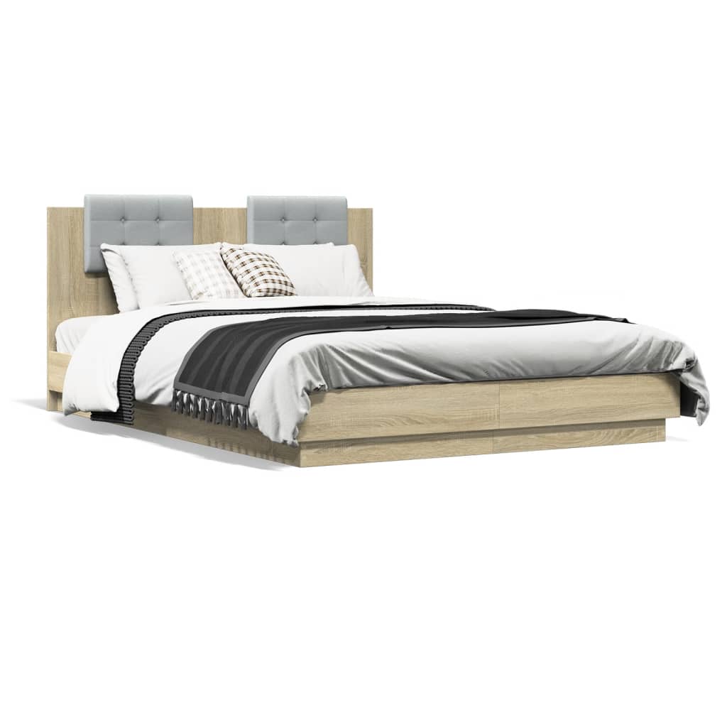 vidaXL Рамка за легло с табла и LED осветление, дъб сонома, 150x200 см