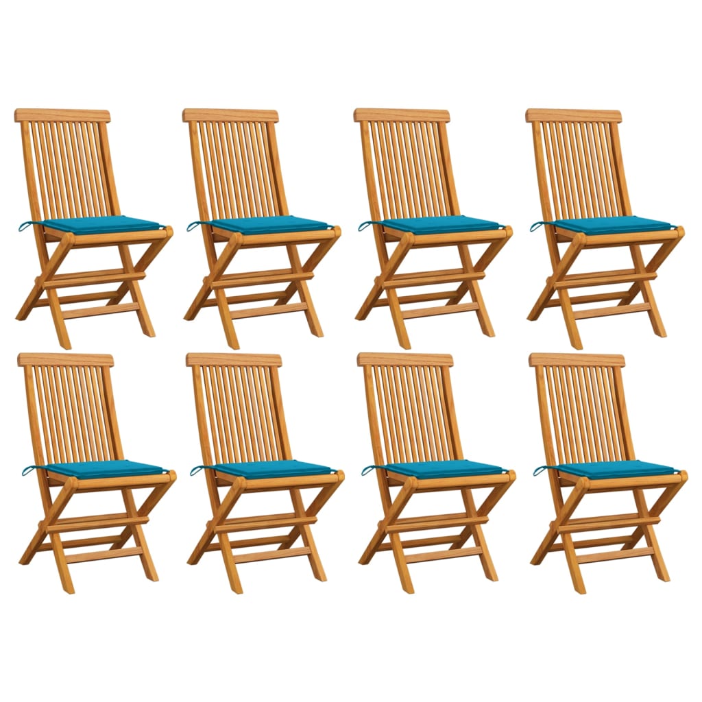 vidaXL Градински столове със сини възглавници 8 бр тиково дърво масив