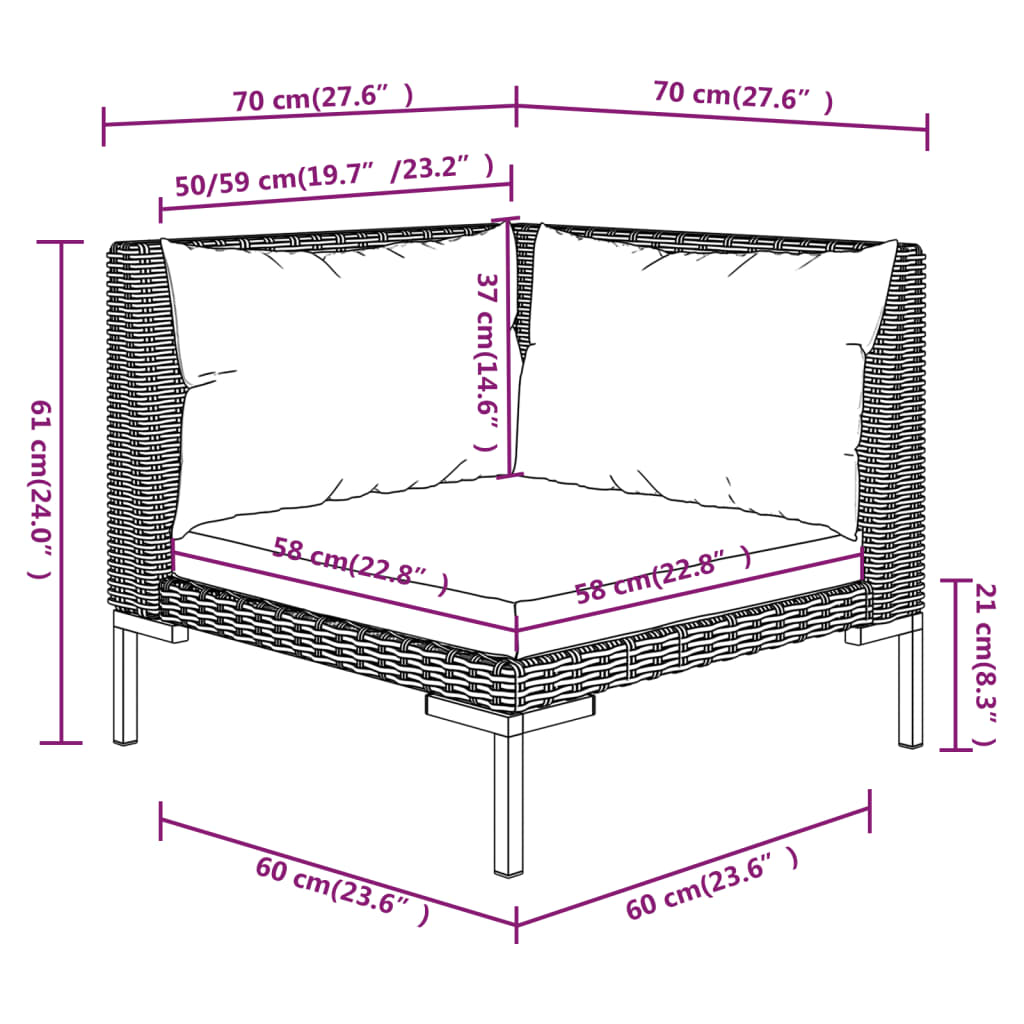 vidaXL Градински комплект с възглавници, 3 части, полиратан, тъмносив
