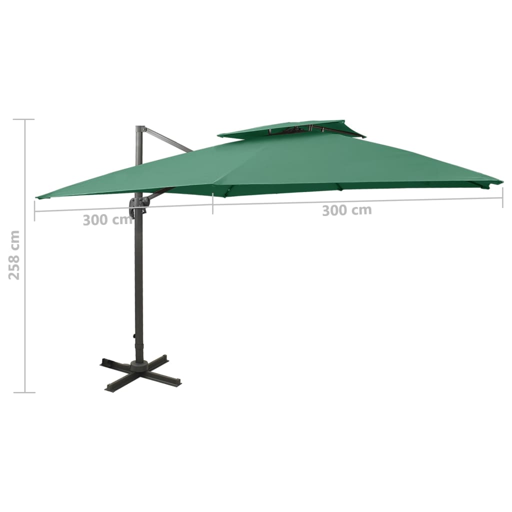 vidaXL Градински чадър, чупещо рамо, с двоен покрив, 300x300 см, зелен