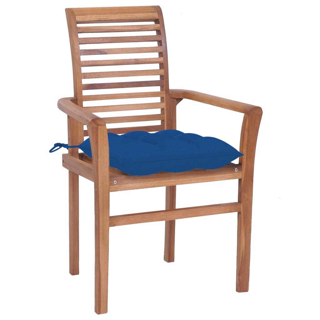 vidaXL Трапезни столове, 4 бр, със сини възглавници, тик масив