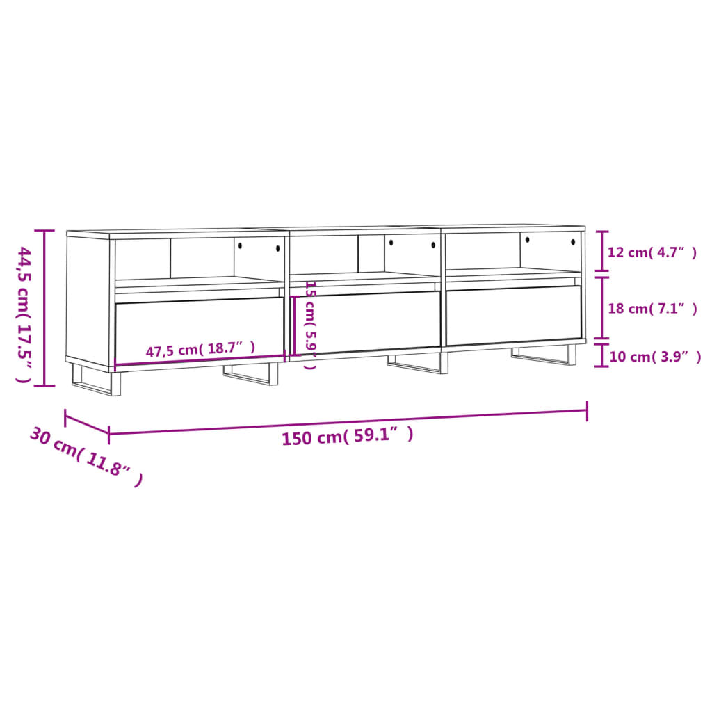 vidaXL ТВ шкаф, бял гланц, 150x30x44,5 см, инженерно дърво