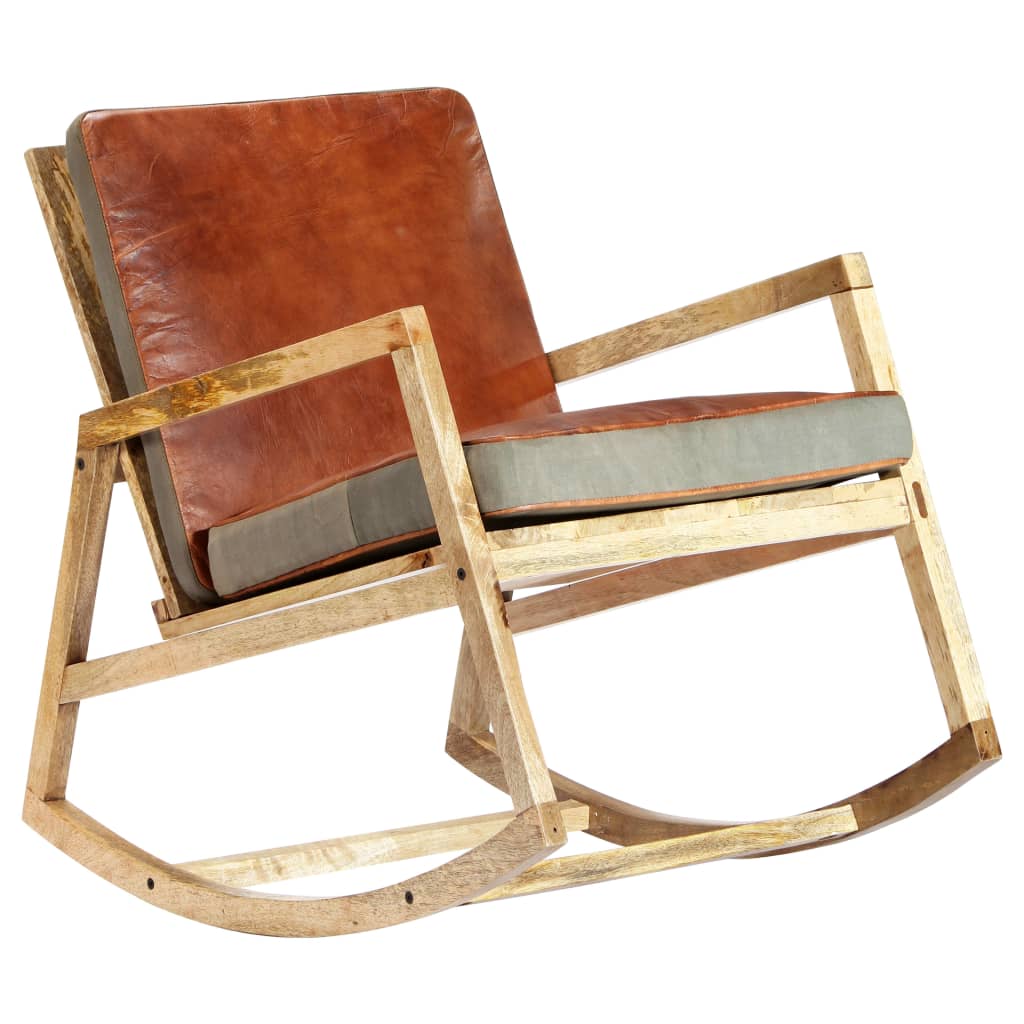 vidaXL Люлеещ стол, кафяв, естествена кожа и мангово дърво масив