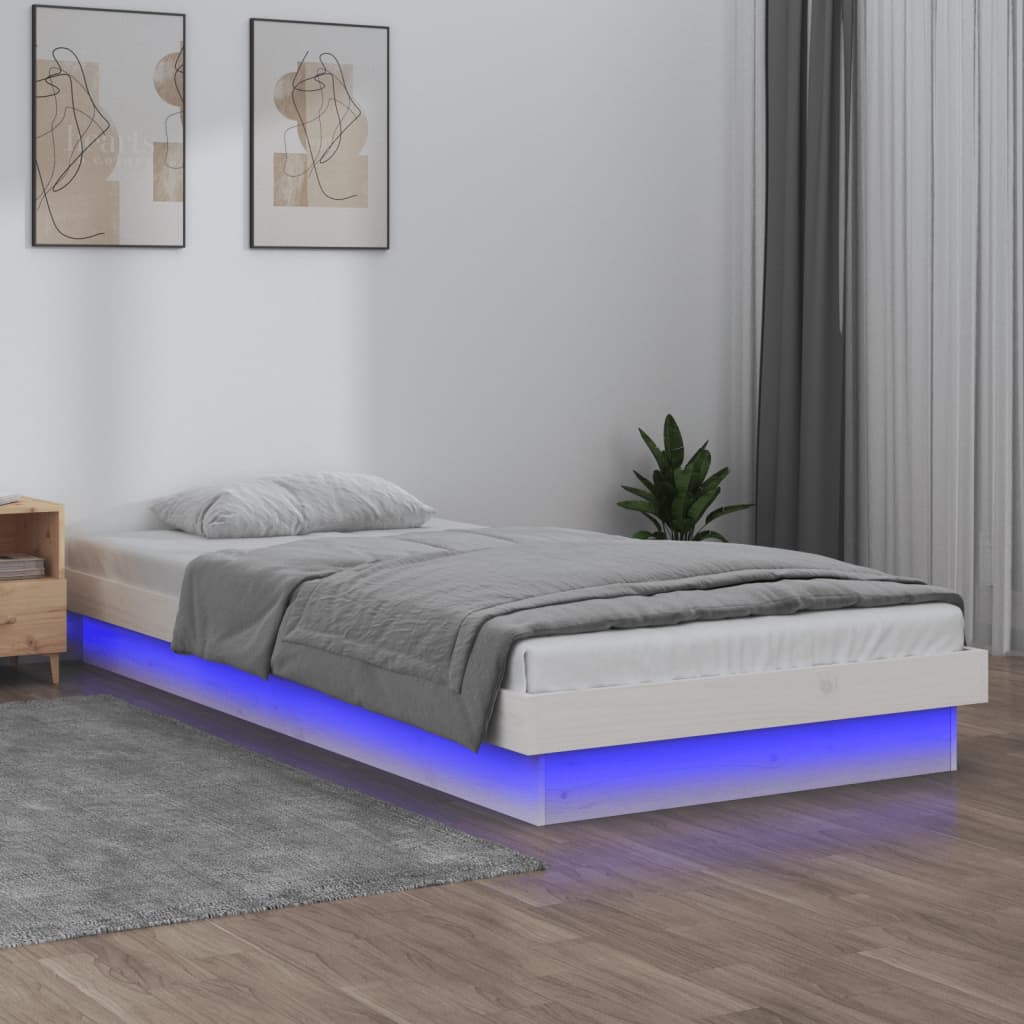 vidaXL LED Рамка за легло, бяла, 90x200 см, масивно дърво