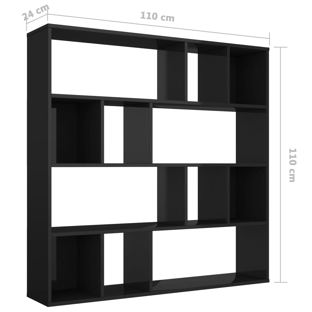 vidaXL Разделител за стая/библиотека, черен гланц, 110x24x110 см, ПДЧ