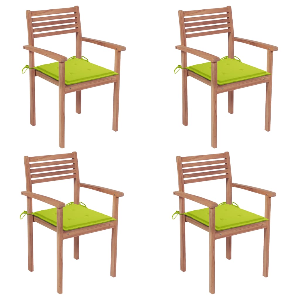 vidaXL Градински столове, 4 бр, с яркозелени възглавници, тик масив