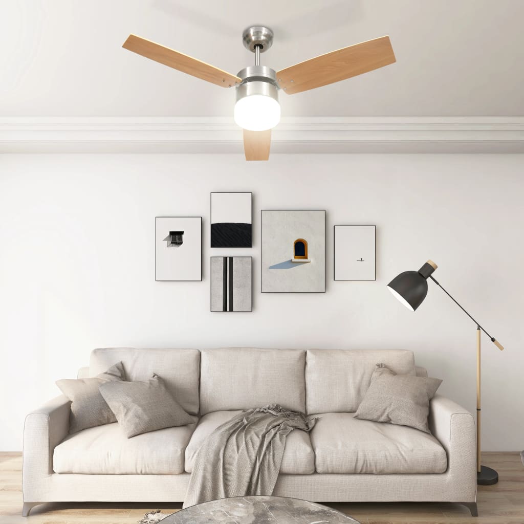 vidaXL Таванен вентилатор с лампа и дистанционно 108 см светлокафяв