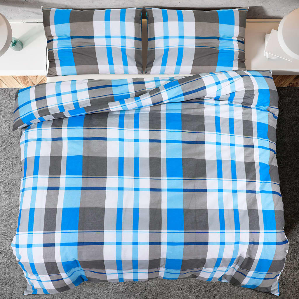 vidaXL Комплект спално бельо, синьо и сиво, 155x220 см, памук