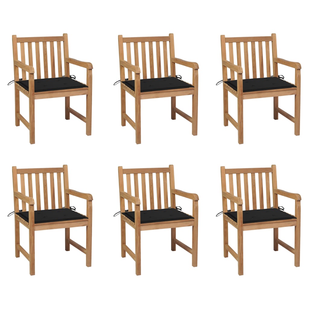 vidaXL Градински столове 6 бр с черни възглавници тиково дърво масив