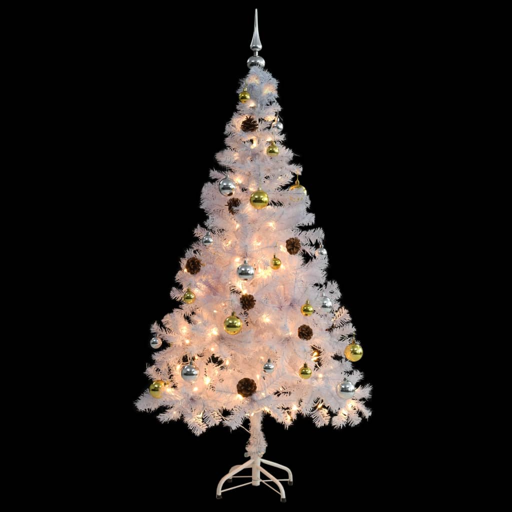 vidaXL Изкуствена готова осветена коледна елха с топки бяла 150 см