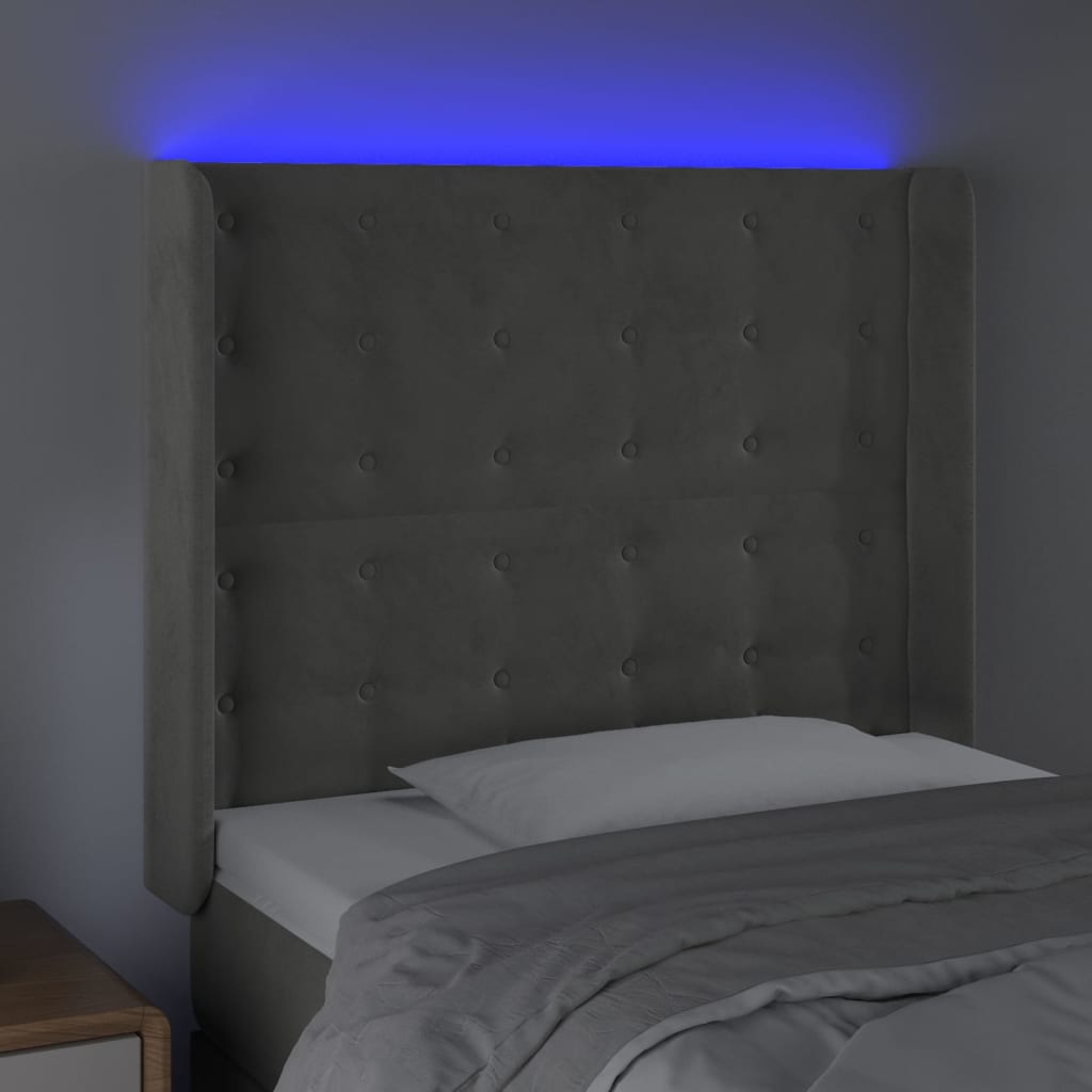 vidaXL LED горна табла за легло, светлосива, 83x16x118/128 см, кадифе