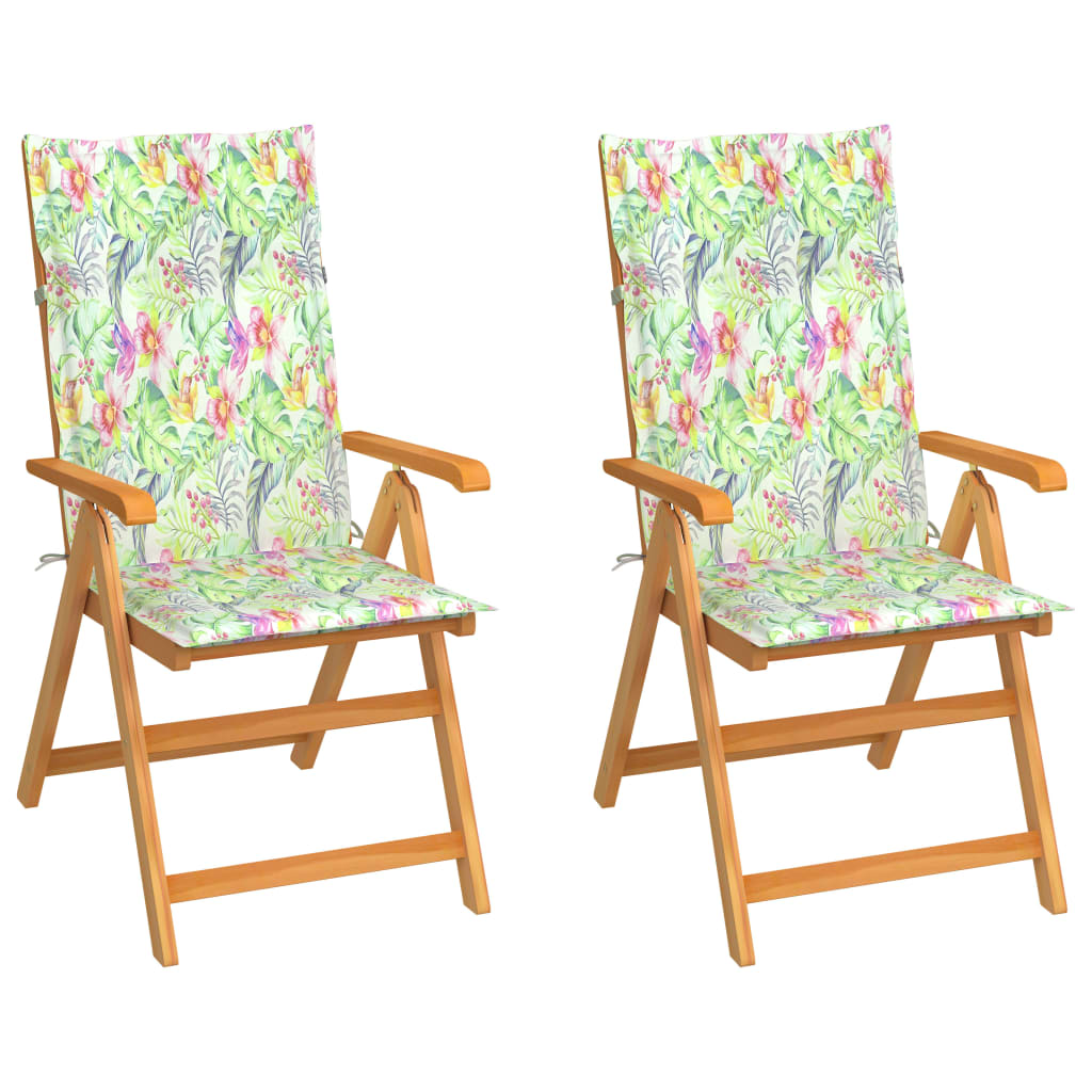 vidaXL Градински столове, 2 бр, възглавници на листа, тик масив