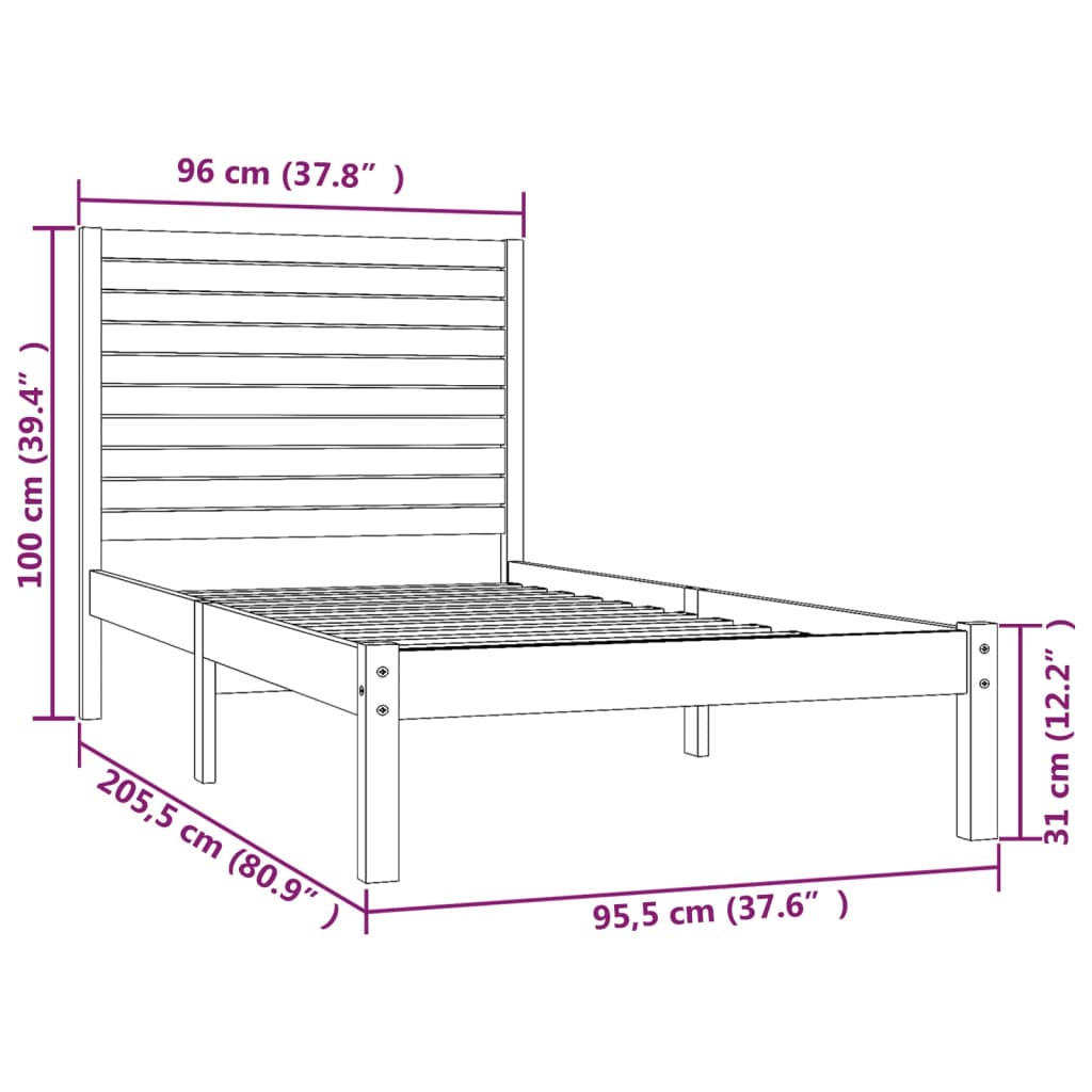 vidaXL Рамка за легло, дърво масив, 90х200 см
