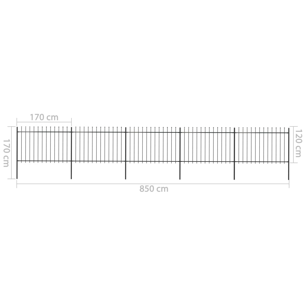 vidaXL Градинска ограда с пики, стомана, 8,5x1,2 м, черна