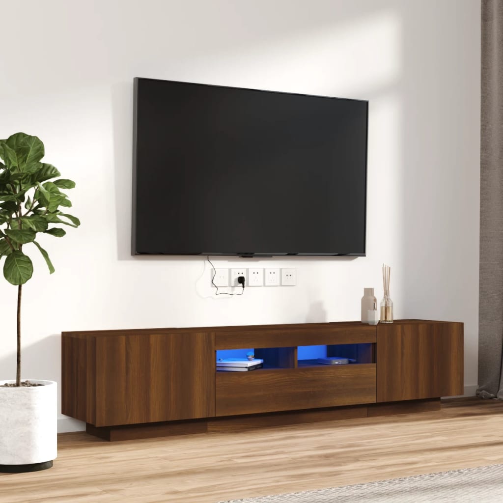 vidaXL Комплект ТВ шкафове от 2 части с LED кафяв дъб инженерно дърво