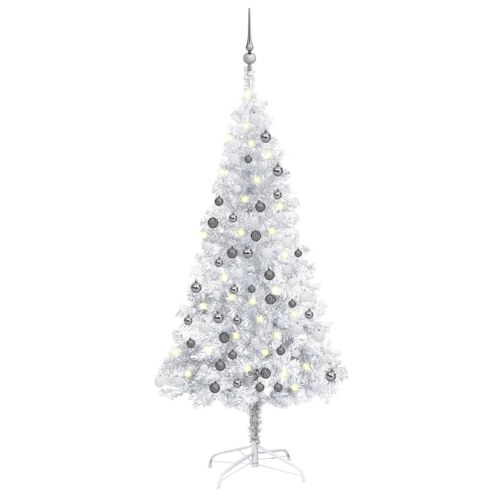 vidaXL Изкуствена осветена коледна елха с топки сребриста 150 см PET
