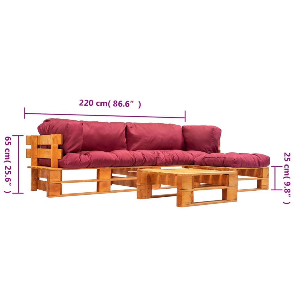 vidaXL Градински мебели от палети 4 части червени възглавници дърво