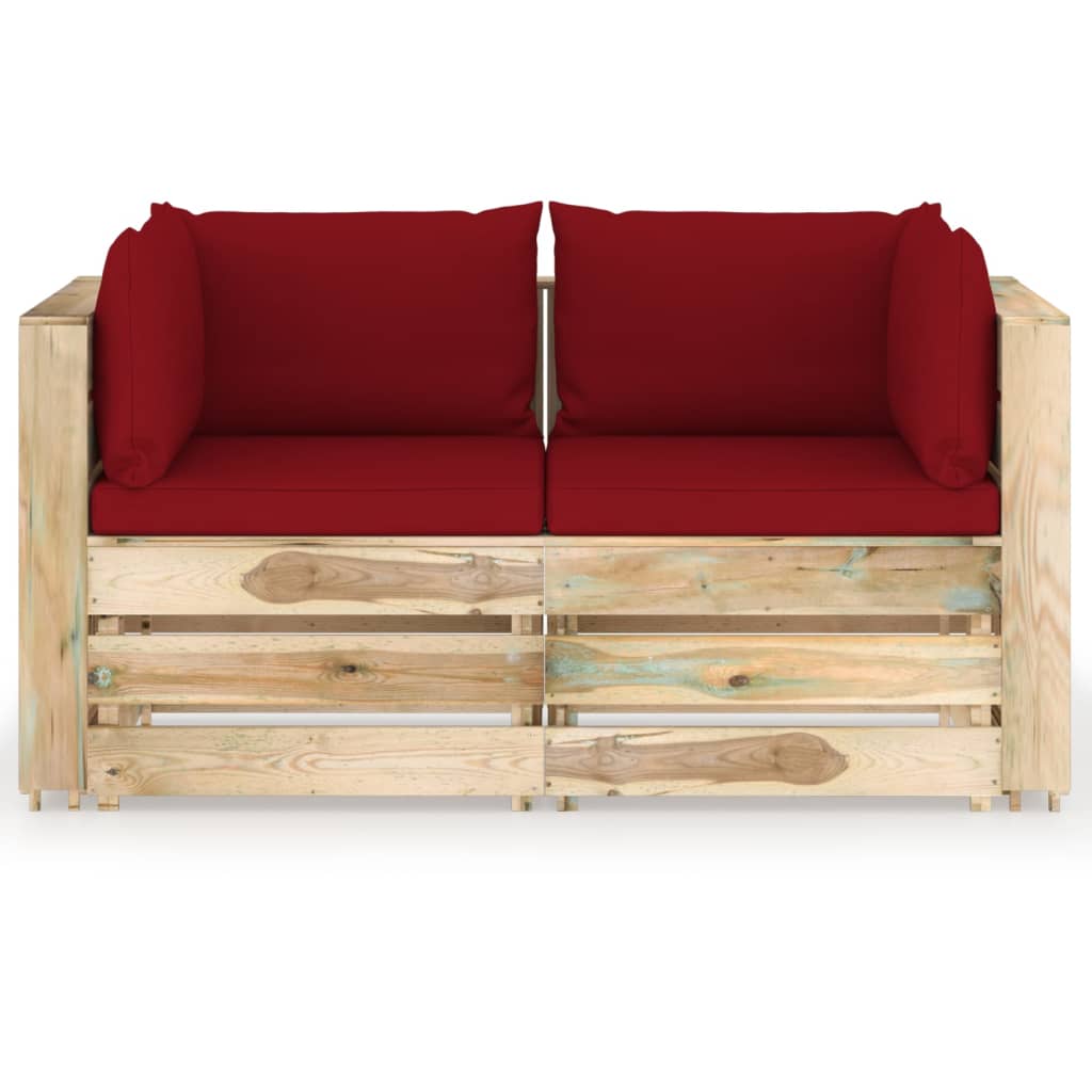 vidaXL 2-местен градински диван с възглавници, зелена импрегнация