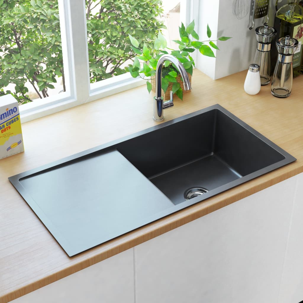vidaXL Ръчно изработена кухненска мивка, черна, неръждаема стомана