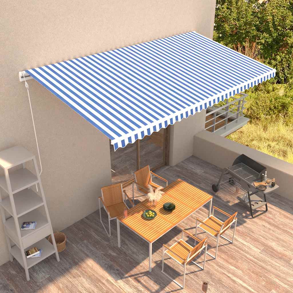 vidaXL Автоматичен прибиращ се сенник, 600x300 см, синьо и бяло