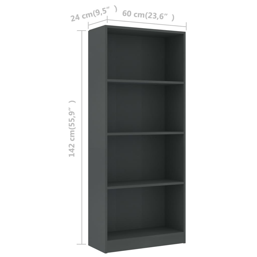 vidaXL 4-етажна библиотека, сива, 60x24x142 см, ПДЧ