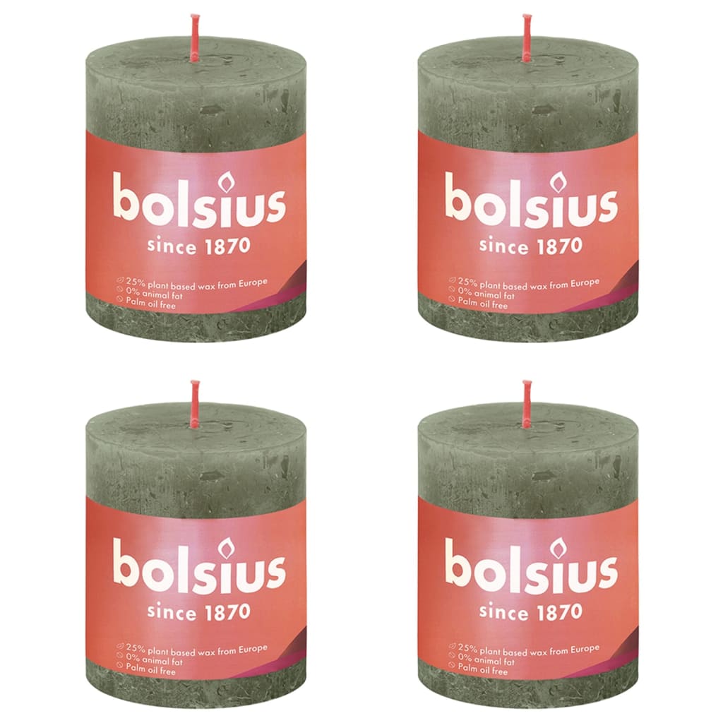 Bolsius Рустик колонни свещи Shine, 4 бр, 80x68 мм, свежо маслинено