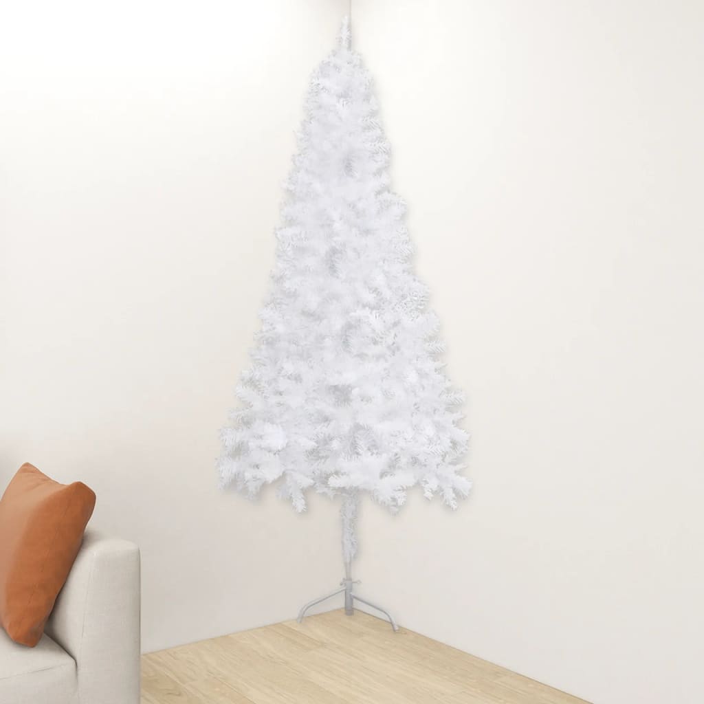 vidaXL Ъглова изкуствена осветена коледна елха, бяла, 210 см, PVC