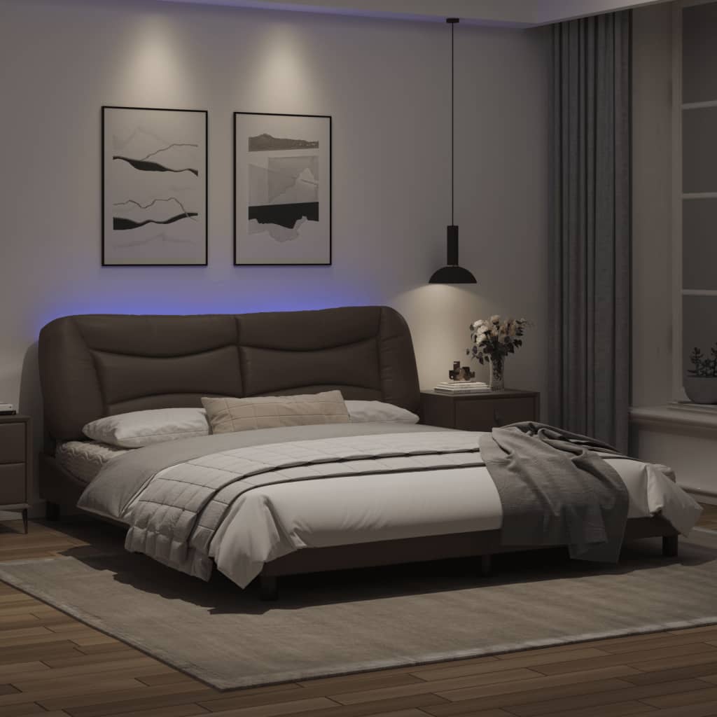 vidaXL Рамка за легло с LED осветление, кафява, 180x200 см, еко кожа