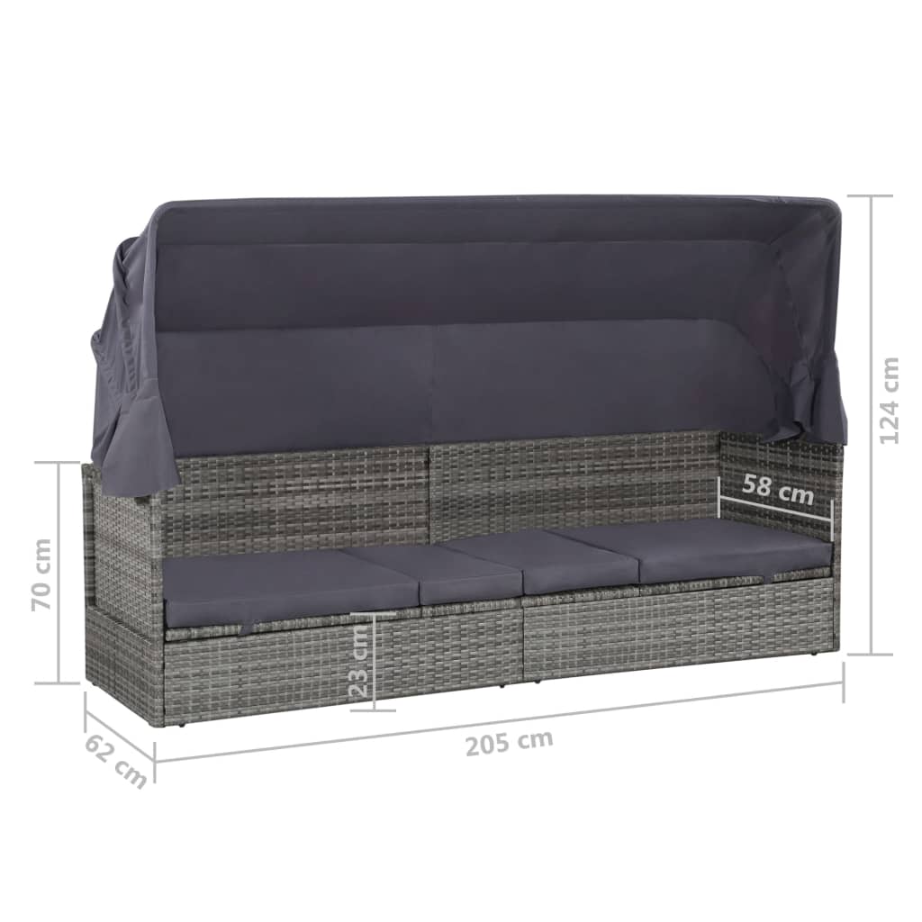 vidaXL Градинско легло с балдахин, сиво, 205x62 см, полиратан