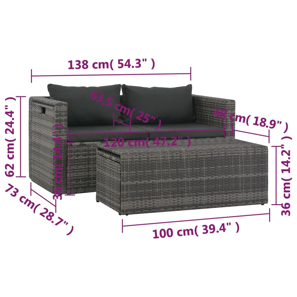 vidaXL Градински комплект с възглавници, 6 части, сив полиратан