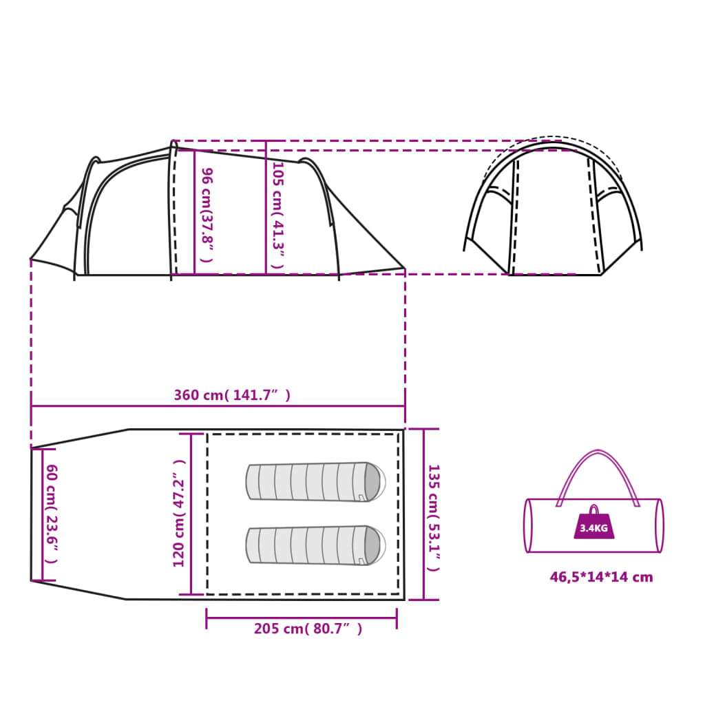 vidaXL Къмпинг палатка тунелна, за 2 души, зелена, водоустойчива