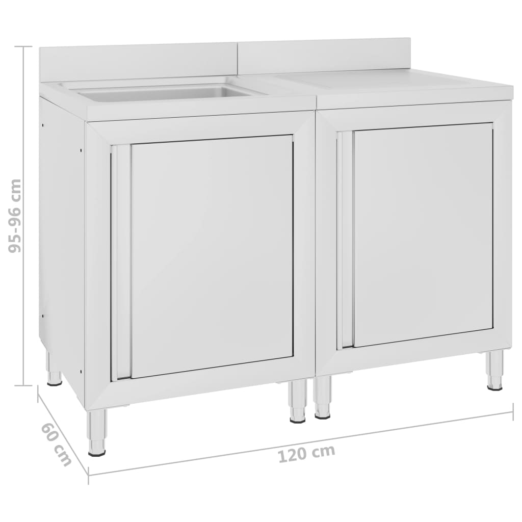 vidaXL Търговски кухненски шкаф за мивка, инокс, 120x60x96 см