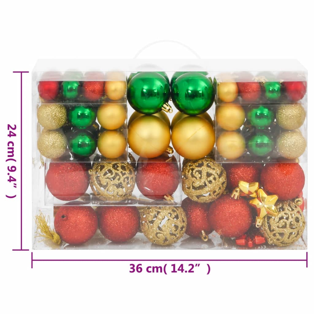 vidaXL Коледни топки от 111 части червени/зелени/златисти полистирен