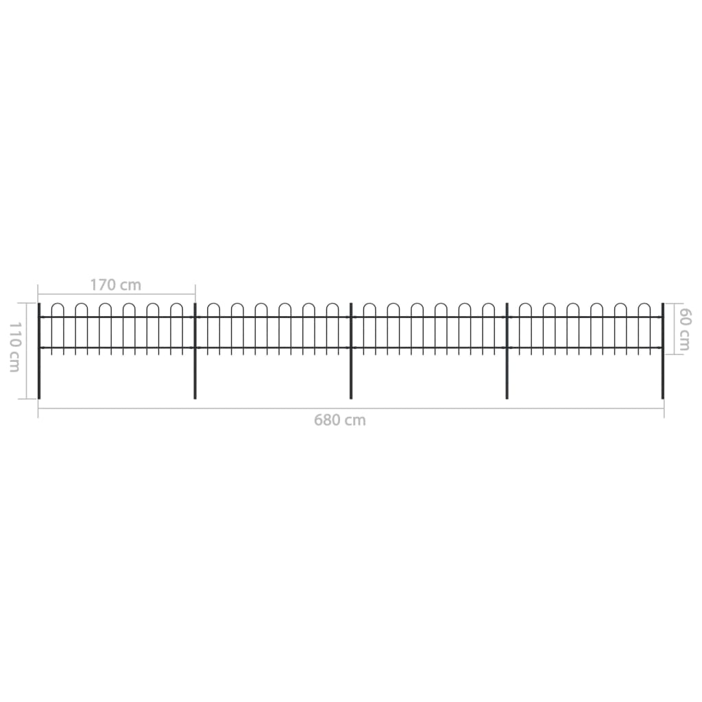 vidaXL Градинска ограда с извити върхове, стомана, 6,8x0,6 м, черна