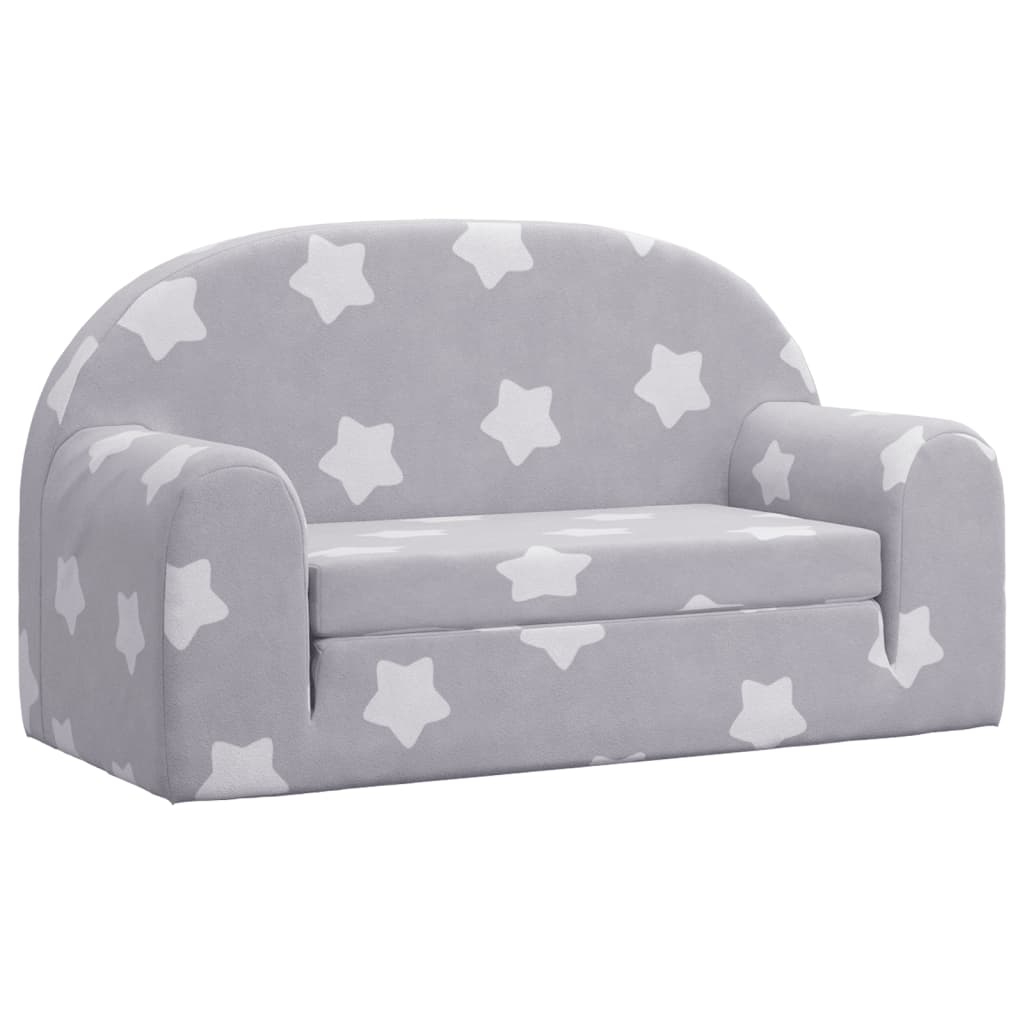 vidaXL Детско диванче-легло 2-местно светлосиво на звездички мек плюш