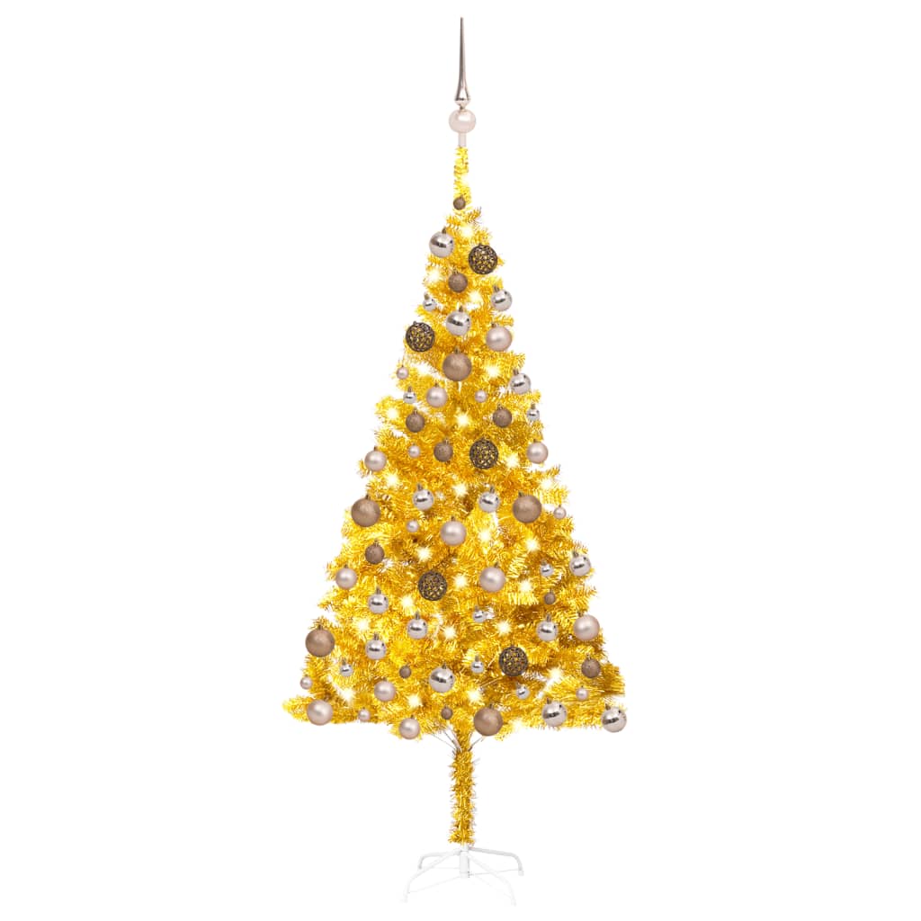 vidaXL Изкуствена осветена коледна елха с топки златиста 180 см PET