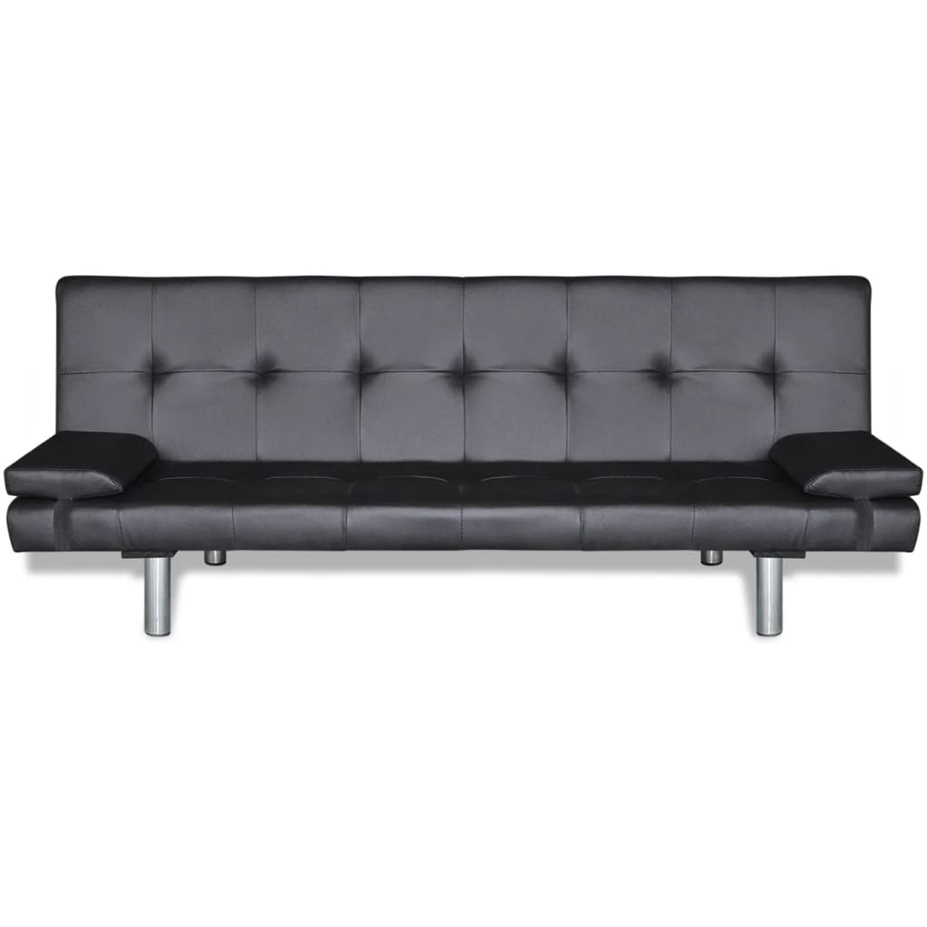 vidaXL Разтегателен диван с две възглавници, изкуствена кожа, черен