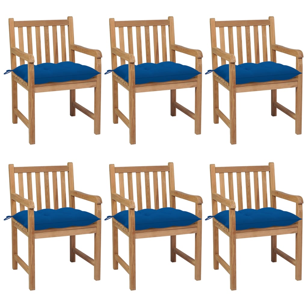 vidaXL Градински столове 6 бр със сини възглавници тиково дърво масив