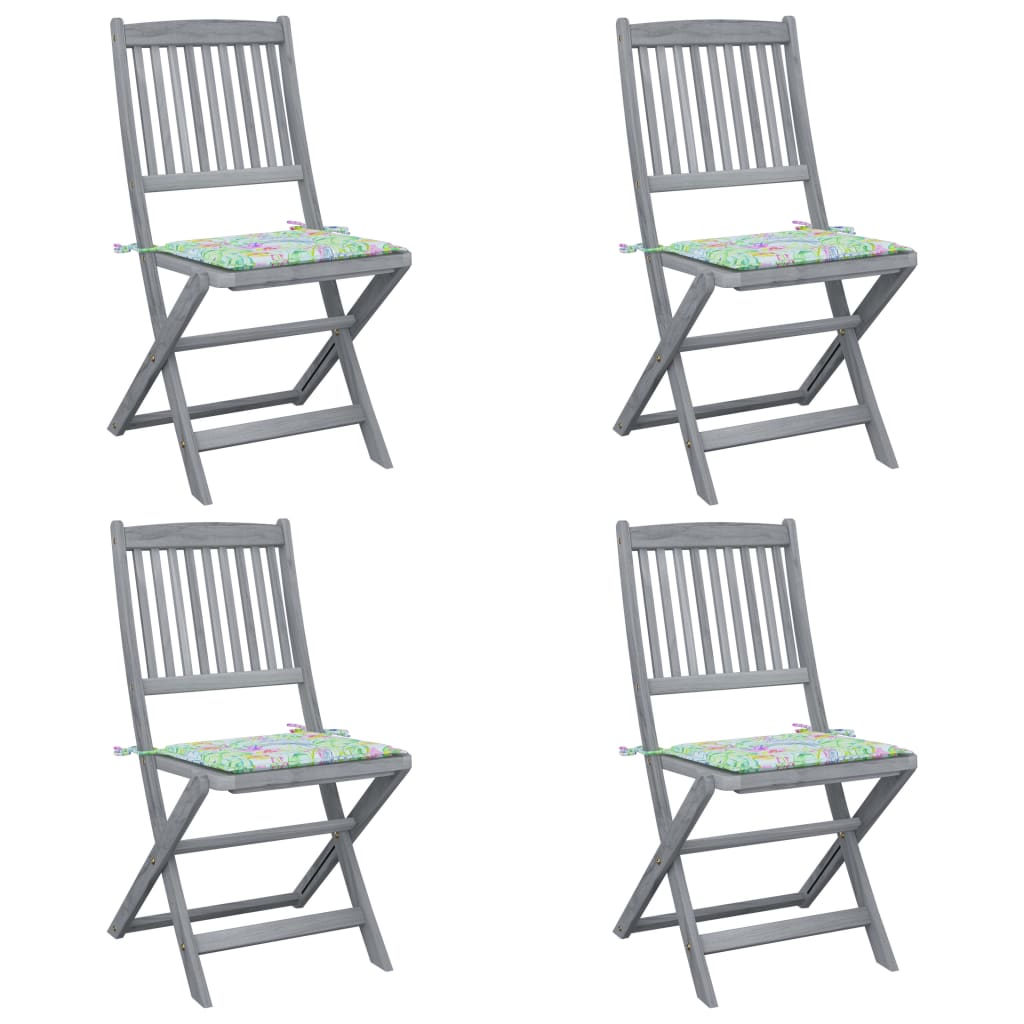 vidaXL Сгъваеми градински столове, 4 бр, с възглавници, акация масив