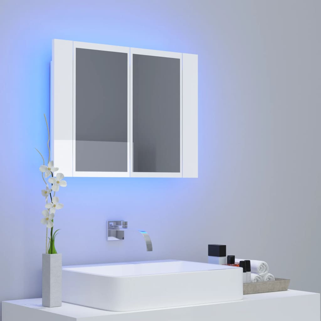 vidaXL Шкаф с LED огледало за баня, бял гланц, 60x12x45см, акрил