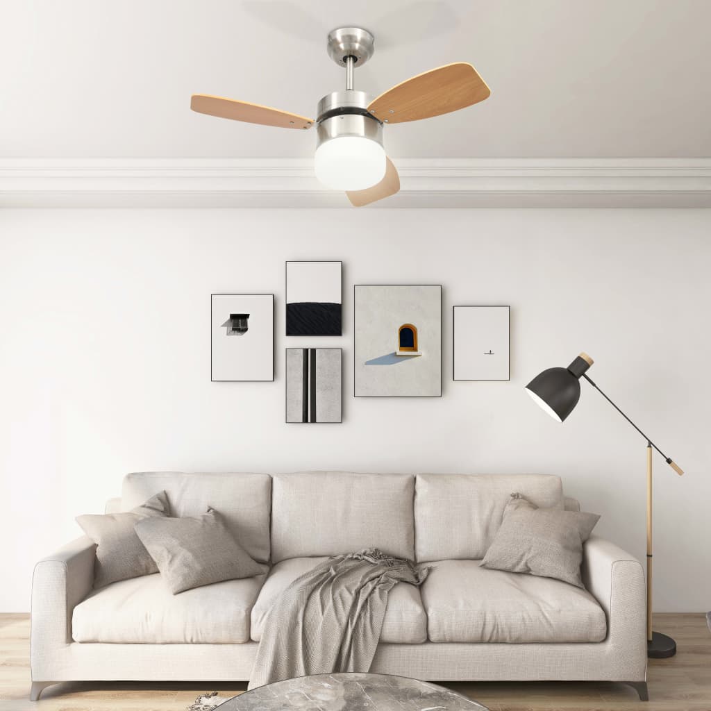 vidaXL Таванен вентилатор с лампа и дистанционно 76 см светлокафяв