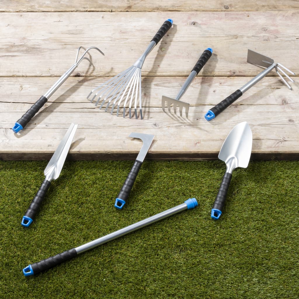 HI Комплект градински инструменти, 8 части, сребрист, метал